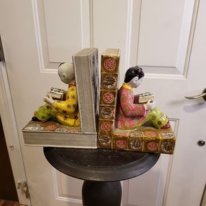 Vintage Pair of Chinese Polychrome Glazed Earthenware Figural Bookends 9" Lovely